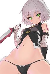 Rule 34 | 1girl, arm strap, backlighting, bad id, bad twitter id, bandages, bandaged arm, bandages, black panties, blush stickers, breasts, cowboy shot, fate/grand order, fate (series), green eyes, grey hair, jack the ripper (fate/apocrypha), knife, looking at viewer, navel, nishin (nsn 0822), panties, parted lips, scar, scar across eye, scar on face, short hair, simple background, small breasts, solo, underwear, white background