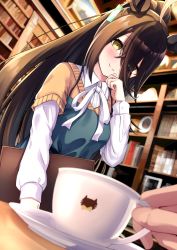 Rule 34 | 1girl, ahoge, animal ears, black hair, blush, closed mouth, coffee cup, cup, disposable cup, ear piercing, eyes visible through hair, hair between eyes, herohero (higashi no dou), highres, horse ears, horse girl, indoors, library, long sleeves, looking at viewer, manhattan cafe (umamusume), multicolored hair, neck ribbon, piercing, pov, ribbon, smile, solo focus, streaked hair, umamusume, white hair, white ribbon, yellow eyes