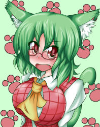 Rule 34 | 1girl, animal ears, ascot, bespectacled, blush, breasts, cat ears, cat girl, cat tail, embarrassed, fang, female focus, glasses, green hair, huge breasts, ikue fuuji, kazami yuuka, kemonomimi mode, paw print, plaid, plaid vest, red eyes, short hair, solo, tail, touhou, upper body, vest