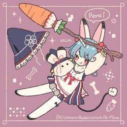 1girl :q animal_ears apron arm_up artist_name blue_dress blue_hair blush_stickers bone border bow carrot commentary_request dress english_text flower full_body fur-trimmed_collar fur_trim hair_flower hair_ornament hat highres holding horns kiri_ume long_sleeves multicolored_hair original pantyhose pink_hair purple_background rabbit_ears red_bow red_dress red_eyes shirt single_horn smile solo star_(symbol) streaked_hair striped_clothes striped_dress stuffed_animal stuffed_rabbit stuffed_toy tail tongue tongue_out two-tone_hair unworn_hat unworn_headwear white_dress white_pantyhose white_shirt witch_hat