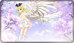 Rule 34 | 1girl, :d, angel, angel wings, arms behind back, blonde hair, breasts, cherry blossoms, dress, feathered wings, hair ornament, hairband, hairpin, long hair, looking at viewer, looking to the side, nyoro (nyoronyoro000), open mouth, original, sideboob, smile, solo, tree, white dress, white footwear, white wings, wind, wings, yellow eyes