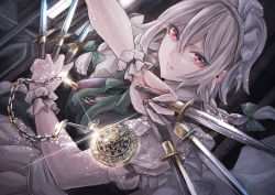 Rule 34 | 1girl, between fingers, bow, braid, commentary request, green bow, hair between eyes, hair bow, holding, holding knife, holding weapon, izayoi sakuya, jan (lightdragoon), knife, knives between fingers, looking at viewer, maid headdress, pocket watch, puffy short sleeves, puffy sleeves, red eyes, short hair, short sleeves, solo, sparkle, touhou, twin braids, v-shaped eyebrows, watch, weapon, white hair, wrist cuffs