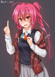 Rule 34 | 1girl, alternate costume, anti (untea9), black vest, blouse, brown scarf, card, commentary, grey background, grey skirt, hair ornament, hair ribbon, highres, holding, holding card, i-168 (kancolle), index finger raised, itunes, kantai collection, long hair, open mouth, plaid, plaid scarf, pleated skirt, ponytail, red eyes, red hair, ribbon, scarf, school uniform, shirt, skirt, solo, sweatdrop, twitter username, vest, white shirt, x hair ornament