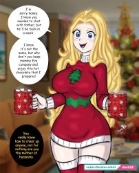 Rule 34 | 1girl, ass, bare shoulders, blonde hair, blue eyes, breasts, christmas, christmas ornaments, christmas tree, curvy, eve (shuumatsu no valkyrie), female focus, highres, hot chocolate, huge ass, large breasts, looking down, mature female, shuumatsu no valkyrie, solo, talking