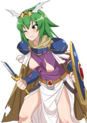 Rule 34 | 1girl, armor, bellnoa (choukadou girl 1/6), blush, breasts, breasts out, cape, choukadou girl 1/6, clenched teeth, covering privates, covering breasts, gauntlets, green hair, headband, medium breasts, nipples, one eye closed, shoulder armor, skirt, solo, standing, teeth, thighs, torn clothes, yellow eyes