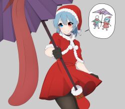 Rule 34 | 1girl, absurdres, alternate costume, blue eyes, blue hair, capelet, commentary, cowboy shot, dress, english commentary, fur trim, grey background, hat, heterochromia, highres, holding, holding umbrella, karakasa obake, looking at viewer, parted lips, red capelet, red dress, red eyes, red hat, santa costume, santa hat, short hair, simple background, smile, solo, speech bubble, standing, tatara kogasa, tongue, tongue out, touhou, umbrella, umisaki