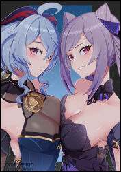 Rule 34 | 2girls, artist request, asymmetrical bangs, back cutout, bell, black background, blue dress, blue hair, breast press, breasts, cleavage, clothing cutout, crossed bangs, dress, ganyu (genshin impact), ganyu (twilight blossom) (genshin impact), genshin impact, hair between eyes, hair ornament, head tilt, highres, horns, keqing (genshin impact), keqing (opulent splendor) (genshin impact), light blush, long bangs, looking at viewer, looking to the side, medium breasts, medium hair, multiple girls, neck bell, neck ribbon, purple dress, purple eyes, purple hair, purple ribbon, red horns, ribbon, sky, smile, star (sky), star (symbol), starry background, swept bangs, teeth, upper body, yuri