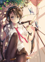 Rule 34 | 1girl, 7lark, bad id, bad pixiv id, black eyes, black hair, black pantyhose, bug, butterfly, dappled sunlight, hair ornament, headphones, highres, holding, insect, long hair, looking at viewer, low twintails, microphone stand, miniskirt, necktie, open mouth, original, pantyhose, pleated skirt, red necktie, school uniform, short sleeves, sitting, skirt, solo, sunlight, twintails
