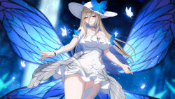 Rule 34 | 1girl, absurdres, aponia (honkai impact), aponia (mesmerizing blue), arm garter, bare shoulders, blue wings, blurry, blurry foreground, blush, breasts, brown hair, bug, butterfly, butterfly hat ornament, butterfly wings, choker, cleavage, collarbone, commentary, criss-cross halter, dress, english commentary, eyelashes, floating hair, flower, frilled dress, frills, glowing, glowing butterfly, hair between eyes, halter dress, halterneck, hat, hat ornament, highres, honkai (series), honkai impact 3rd, insect, insect wings, large breasts, long bangs, long hair, looking at viewer, mole, mole under eye, official alternate costume, parted lips, pouch, purple eyes, second-party source, sidelocks, solo, sun hat, sundress, thighs, white dress, white flower, white hat, wings, wu ganlan cai