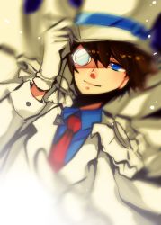 Rule 34 | 1boy, adjusting clothes, adjusting headwear, blue eyes, blue shirt, brown hair, cape, formal, gloves, hat, kaitou kid, kuroba kaito, looking at viewer, male focus, meitantei conan, monocle, monocle chain, necktie, shirt, solo, suit, top hat, white gloves, white suit, wind