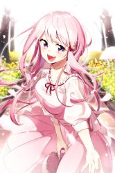 Rule 34 | 1girl, :d, backlighting, bad id, bad pixiv id, bag, blush, collarbone, day, dress, fingernails, flower, handbag, holding, holding bag, long hair, looking at viewer, open mouth, original, outdoors, outstretched arm, petals, pink dress, pink hair, puffy short sleeves, puffy sleeves, purple eyes, sakuragi ren, shirt, short sleeves, smile, solo, teeth, tree, upper teeth only, very long hair, white shirt, yellow flower