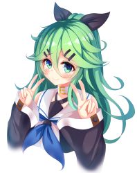 Rule 34 | 1girl, arms up, bare shoulders, black serafuku, blue neckerchief, blush, choker, commentary request, detached sleeves, double v, green eyes, green hair, hair between eyes, hair ornament, hair ribbon, hairclip, kakeyu, kantai collection, long hair, looking at viewer, neckerchief, parted bangs, ribbon, school uniform, serafuku, simple background, smile, tareme, upper body, v, white background, wide sleeves, yamakaze (kancolle)