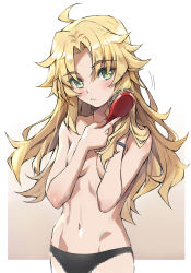 Rule 34 | 1girl, ahoge, black panties, blonde hair, blush, breasts, brush, brushing hair, brushing own hair, commentary, convenient arm, covering privates, covering breasts, cowboy shot, fate/apocrypha, fate (series), fingernails, gradient background, green eyes, grey background, hair down, hands up, highres, long hair, looking at viewer, mordred (fate), mordred (fate/apocrypha), navel, panties, parted bangs, revision, small breasts, solo, standing, tonee, topless, underwear, underwear only, wristband