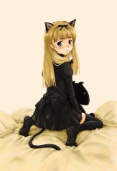 Rule 34 | 1girl, animal ears, blonde hair, blue eyes, cat ears, cat tail, ema (clovers), ema (shirotsume souwa), episode of the clovers, hair ribbon, highres, kneeling, long hair, ooshiro youkou, ribbon, shirotsume souwa, solo, stuffed animal, stuffed toy, tail, thighhighs
