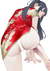 Rule 34 | 1girl, all fours, ass, back, bare legs, bent over, black hair, blue eyes, china dress, chinese clothes, dress, expressionless, from behind, highres, inamitsu shinji, lips, long hair, looking at viewer, looking back, original, paid reward available, panties, print dress, red dress, short dress, short sleeves, sidelocks, simple background, solo, twintails, underwear, white background, white panties