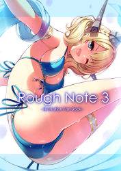 Rule 34 | 1girl, :d, ;d, armlet, armpits, ass, bikini, blonde hair, blue bikini, blue eyes, braid, breasts, colorado (kancolle), cover, cover page, head tilt, headgear, huyukaaki, kantai collection, large breasts, one eye closed, open mouth, shawl, short hair, side braids, sideboob, sidelocks, smile, solo, swimsuit, thigh strap, thighs, wet