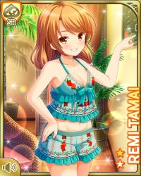 Rule 34 | 1girl, bare arms, bare legs, bare shoulders, barefoot, blue shirt, blue shorts, brown eyes, brown hair, card (medium), closed mouth, day, female focus, girlfriend (kari), grin, indoors, looking at viewer, low twintails, midriff, navel, official art, qp:flapper, shirt, shorts, smile, solo, spa, standing, tamai remi, twintails