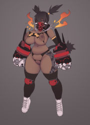 Rule 34 | 1girl, black hair, breasts, cleavage, creatures (company), curvy, dark-skinned female, dark skin, emboar, female focus, fire, full body, game freak, gen 5 pokemon, grey background, huge breasts, image sample, kruth666, large areolae, legs, md5 mismatch, navel, nintendo, nipples, pokemon, pokemon (creature), pokemon bw, purple eyes, pussy, shoes, simple background, solo, standing, thick thighs, thighhighs, thighs, uncensored, wide hips