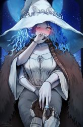Rule 34 | 1girl, blue skin, blush, breasts, cape, cloak, colored skin, elden ring, extra arms, foxyreine, fur cape, fur cloak, hat, highres, holding, holding jewelry, holding ring, jewelry, long hair, looking at viewer, ranni the witch, ring, solo, spoilers, witch hat