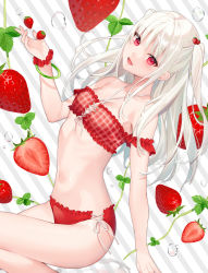Rule 34 | 1girl, bare shoulders, bekotarou, bikini, breasts, criss-cross halter, food, frilled bikini, frills, fruit, hair ornament, halterneck, hand up, highres, long hair, looking at viewer, navel, open mouth, original, plaid, plaid bikini, red bikini, red eyes, scrunchie, small breasts, smile, solo, stomach, strawberry, swimsuit, thighs, two side up, white hair, wrist scrunchie
