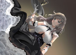 Rule 34 | 1girl, absurdres, azur lane, black dress, breasts, charybdis (azur lane), clothing cutout, dress, dutch angle, gloves, grey eyes, grey hair, highres, holding, holding tray, large breasts, layered dress, long hair, simple background, sleeveless, sleeveless dress, solo, tray, two-tone dress, underboob, underboob cutout, white dress, white gloves, yuzu minari