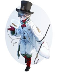 Rule 34 | 1boy, ascot, black footwear, black hat, blue eyes, chain, coat, full body, grey hair, hat, hat belt, highres, long sleeves, male focus, mittens, monocle, original, pants, pocket watch, red ascot, red mittens, rinotuna, shoes, short hair, smiley face, solo, staff, top hat, watch, white coat, white pants