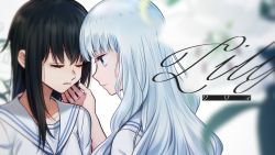 Rule 34 | 2girls, black hair, blouse, blue eyes, blurry, blurry foreground, closed eyes, closed mouth, collarbone, commentary request, english text, flower, hand on another&#039;s face, highres, lily (flower), long hair, looking at another, multiple girls, nakano futaba, original, parted lips, partial commentary, sailor collar, school uniform, serafuku, shirt, upper body, white hair, white sailor collar, white shirt, yuri