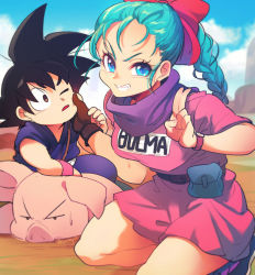 Rule 34 | 1girl, 2boys, animal, annoyed, bare legs, belt, black eyes, black footwear, black hair, blue eyes, blue hair, blue sky, blurry, blurry background, braid, braided ponytail, breasts, brown belt, brown gloves, bulma, character name, cheek pull, clenched teeth, clothes writing, cloud, cloudy sky, day, dirt, dougi, dragon ball, dragon ball (classic), dress, elbow rest, eyelashes, facing viewer, fanny pack, floor, frown, gloves, grin, hair ribbon, hand on another&#039;s cheek, hand on another&#039;s face, hand on another&#039;s head, hand up, kneeling, large breasts, looking at another, looking at viewer, martial arts belt, mountain, multiple boys, neckerchief, ommmyoh, one eye closed, oolong, outdoors, parted lips, pig, pink dress, purple neckerchief, red ribbon, ribbon, salute, short dress, short sleeves, single glove, sky, smile, son goku, spiked hair, sweatdrop, tareme, teeth, twitter username, v-shaped eyebrows, watch, wristband, wristwatch