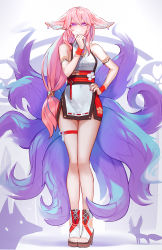 Rule 34 | 1girl, animal ears, armlet, bare arms, bare legs, bare shoulders, commentary, dress, ehrrr, english commentary, fox ears, fox tail, full body, genshin impact, grin, hair between eyes, hand on own hip, high heels, highres, long hair, looking at viewer, low-tied long hair, multiple tails, obi, pink hair, purple eyes, red sash, sash, short dress, sleeveless, sleeveless dress, smile, solo, standing, tail, thigh strap, thighs, toeless footwear, very long hair, white dress, white footwear, wristband, yae miko