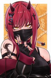 Rule 34 | 1girl, absurdres, alternate costume, artist name, bare shoulders, black nails, black shirt, breasts, chain, chainsaw man, choker, cross, fingerless gloves, gantai- (gxntai), gloves, highres, horns, jewelry, long hair, looking at viewer, makima (chainsaw man), mask, medium breasts, mouth mask, nail polish, red hair, ring, ringed eyes, shirt, solo, tattoo, yellow background, yellow eyes