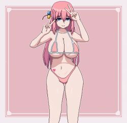 Rule 34 | 1girl, animated, bikini, blue eyes, bocchi the rock!, bouncing breasts, breasts, dancing, double v, gotoh hitori, hair ornament, highres, huge breasts, long hair, pink hair, pixel art, smug, solo, swimsuit, thong, v