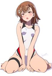 Rule 34 | 1girl, batta 16-sei, black one-piece swimsuit, breasts, brown eyes, brown hair, competition swimsuit, covered navel, highres, looking at viewer, misaka mikoto, multicolored clothes, multicolored swimsuit, one-piece swimsuit, open mouth, red one-piece swimsuit, short hair, sitting, small breasts, solo, swimsuit, thigh strap, thighs, toaru kagaku no railgun, toaru majutsu no index, twitter username, wariza, white background, white one-piece swimsuit