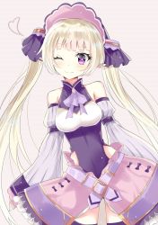 Rule 34 | 1girl, ;), bare shoulders, belt, belt buckle, blonde hair, blunt bangs, blush, breasts, brown background, buckle, character request, closed mouth, commentary request, detached sleeves, hair ribbon, heart, highres, hizaka, juliet sleeves, leotard, long hair, long sleeves, looking at viewer, male focus, medium breasts, one eye closed, pointy ears, princess connect!, puffy sleeves, purple belt, purple eyes, purple leotard, purple ribbon, purple sleeves, purple thighhighs, ribbon, sidelocks, simple background, sleeves past wrists, smile, solo, split mouth, thighhighs, twintails, very long hair, wide sleeves