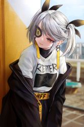 Rule 34 | 1girl, absurdres, black jacket, black shirt, blurry, blurry background, brown eyes, chrysa ( sa0ru), closed mouth, earrings, eyepatch, hair ribbon, highres, jacket, jewelry, long sleeves, looking away, off shoulder, open clothes, open jacket, original, ribbon, shirt, short hair, silver hair, solo, swept bangs, twintails, undershirt, v arms, white shirt
