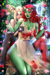 Rule 34 | 2girls, ayya sap, black gloves, black nails, blonde hair, breasts, cleavage, colored skin, dc comics, dress, english text, female focus, fingerless gloves, flower, gloves, green eyes, green skin, gumroad username, harley quinn, head wreath, large breasts, long hair, multiple girls, outdoors, patreon username, poison ivy, red flower, red hair, red nails, red rose, rose, short twintails, sitting, swing, thighhighs, twintails, watermark, web address, white dress