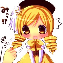 Rule 34 | 10s, 1girl, ^^^, blonde hair, blush, bow, chibi, chocolat (momoiro piano), drill hair, gloves, grabbing another&#039;s hair, hat, magical girl, mahou shoujo madoka magica, mahou shoujo madoka magica (anime), mini person, minigirl, open mouth, solo, surprised, tomoe mami, translation request, twin drills, twintails, v arms, yellow eyes