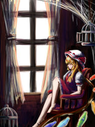 Rule 34 | 1girl, 4mlolqceonup187, barefoot, birdcage, blonde hair, cage, commentary request, curtains, flandre day, flandre scarlet, foot out of frame, frilled skirt, frilled sleeves, frills, hat, highres, indoors, medium hair, mob cap, multicolored wings, nail polish, on chair, puffy short sleeves, puffy sleeves, rainbow order, rainbow wings, red nails, red skirt, red vest, ribbon-trimmed headwear, ribbon trim, shirt, short sleeves, sitting, skirt, skirt set, solo, touhou, vest, white hat, white shirt, wings