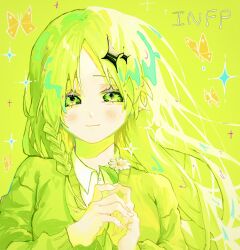 Rule 34 | 1girl, blush, braid, bug, butterfly, collared shirt, daisy, flower, green eyes, green hair, green sweater, green theme, highres, insect, long hair, long sleeves, looking at viewer, michi0ru, myers-briggs type indicator, original, portrait, shirt, side braid, smile, solo, sweater, white flower, white shirt