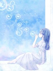 Rule 34 | 1girl, barefoot, blue eyes, blue hair, blue theme, bubble, blowing bubbles, dress, fish, from side, full body, hand up, highres, kotono n0, long hair, original, profile, puffy short sleeves, puffy sleeves, short sleeves, sitting, sky, solo, white dress