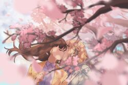 Rule 34 | 2girls, absurdres, blonde hair, blue ribbon, brown jacket, cherry blossoms, closed eyes, collared shirt, commentary, couple, day, dress shirt, fafayu, falling petals, floating hair, flower, hair flower, hair ornament, hair ribbon, highres, inoue takina, jacket, kiss, long hair, lycoris recoil, multiple girls, neck ribbon, nishikigi chisato, one side up, outdoors, petals, purple ribbon, purple shirt, ribbon, shirt, short hair, symbol-only commentary, upper body, yuri