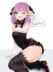 Rule 34 | 1girl, absurdres, ass, bare shoulders, black dress, black footwear, black thighhighs, blush, boots, breasts, detached collar, dress, fate/grand order, fate (series), helena blavatsky (fate), high heel boots, high heels, highres, knee boots, long sleeves, looking at viewer, one eye closed, open mouth, purple eyes, purple hair, short dress, short hair, small breasts, smile, thighhighs, thighs, tsunami samemaru