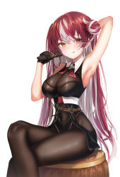 Rule 34 | 1girl, :p, arm up, armpits, bare shoulders, black bodysuit, black gloves, bodysuit, breasts, brown eyes, cleavage, closed mouth, covered navel, crossed legs, gloves, hair bun, highres, holding, hololive, houshou marine, houshou marine (marching band), large breasts, long hair, multicolored hair, raurashun, red hair, see-through, see-through cleavage, simple background, single hair bun, sitting, smile, solo, thighs, tongue, tongue out, virtual youtuber, white background, white hair