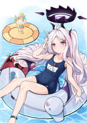 Rule 34 | 1girl, absurdres, anklet, blue archive, blue one-piece swimsuit, collarbone, commentary request, demon girl, demon horns, demon wings, forehead, glass, hair ornament, hairclip, halo, highres, hina (blue archive), hina (swimsuit) (blue archive), holding, holding spoon, horns, jewelry, knees together feet apart, lifebuoy, long hair, looking at viewer, lying, name tag, ocean, old school swimsuit, on back, one-piece swimsuit, one side up, parfait, parted bangs, purple eyes, school swimsuit, sidelocks, solo, spoon, swim ring, swimsuit, translation request, ukai (user rvvf3458), whistle, whistle around neck, white hair, wings
