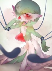 Rule 34 | 1girl, absurdres, blush, bob cut, breath, brown background, colored skin, commission, creatures (company), ettt, female focus, flat chest, game freak, gardevoir, gen 3 pokemon, green hair, green skin, hair over one eye, half-closed eyes, hand to own mouth, hand up, highres, kneeling, looking at viewer, multicolored skin, nintendo, one eye covered, open mouth, pokemon, pokemon (creature), red eyes, short hair, simple background, skeb commission, solo, tears, two-tone skin, white skin
