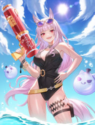 Rule 34 | 1girl, absurdres, animal ears, black one-piece swimsuit, bracelet, breasts, eyewear on head, glaring, gold ship (run revolt launcher) (umamusume), gold ship (umamusume), grey hair, hand on own hip, highres, holding, holding water gun, horse ears, horse girl, horse tail, jewelry, long hair, looking at viewer, one-piece swimsuit, open mouth, outdoors, popoka0930, purple eyes, red eyes, sideboob, smile, solo, sunglasses, swimsuit, tail, thigh strap, thighs, umamusume, very long hair, water gun