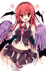 Rule 34 | 1girl, :d, adapted costume, alternate costume, bare shoulders, bat wings, blush, breasts, cheerleader, cross, elbow gloves, frills, gloves, head wings, heart, heart-shaped pupils, highres, koakuma, large breasts, long hair, looking at viewer, low wings, maturiuta sorato, md5 mismatch, midriff, navel, necktie, open mouth, pom pom (cheerleading), red eyes, red hair, resized, shirt, simple background, skirt, skirt set, sleeveless, smile, solo, standing, symbol-shaped pupils, thighhighs, touhou, very long hair, white background, white thighhighs, wings, zettai ryouiki