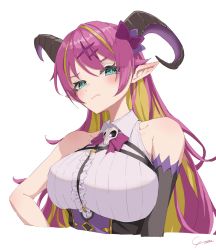 Rule 34 | 1girl, absurdres, bare shoulders, blonde hair, blue eyes, blush, bow, bowtie, breasts, closed mouth, collared shirt, colored inner hair, cropped torso, demon horns, fang, fang out, hair bow, highres, hololive, horns, large breasts, looking at viewer, mano aloe, multicolored hair, pointy ears, purple bow, purple bowtie, purple hair, shirt, signature, simple background, skull brooch, solo, two-tone hair, upper body, virtual youtuber, white background, white shirt, yo na