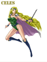 Rule 34 | 1990s (style), 1girl, alltime, bad id, bad pixiv id, blonde hair, boots, breasts, cape, celes chere, character name, final fantasy, final fantasy vi, headband, large breasts, leotard, long hair, solo, sword, very long hair, weapon