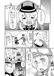 Rule 34 | 10s, 2girls, :i, bare shoulders, bismarck (kancolle), comic, crying, greyscale, hat, kantai collection, long hair, low twintails, microskirt, military, military uniform, monochrome, multiple girls, nanateru, peaked cap, prinz eugen (kancolle), skirt, snot, thighhighs, twintails, uniform