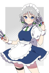 Rule 34 | 1girl, absurdres, apron, between fingers, blue dress, blue eyes, blush, border, bow, braid, closed mouth, collared shirt, commentary, cowboy shot, dress, frilled apron, frilled dress, frills, green bow, green necktie, grey background, grey hair, hair between eyes, hair bow, highres, holding, holding knife, izayoi sakuya, knife, knives between fingers, looking at viewer, maid, maid headdress, miz (mizillustration), necktie, outline, outside border, pinafore dress, puffy short sleeves, puffy sleeves, shirt, short hair, short sleeves, side braids, sleeveless, sleeveless dress, smile, solo, split mouth, standing, symbol-only commentary, thigh strap, touhou, twin braids, waist apron, white apron, white border, white outline, white shirt, wrist cuffs